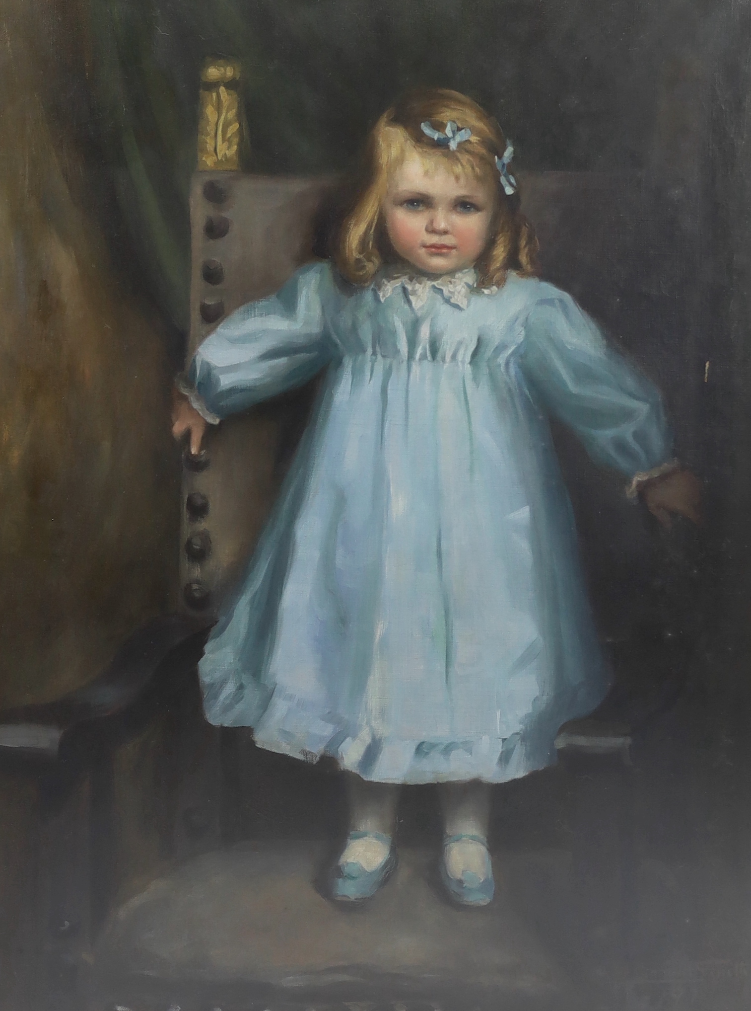 Helen Donald-Smith (1880-1930), oil on canvas, Portrait of a girl wearing a blue dress standing upon an armchair, signed and dated '91, 110 x 85cm